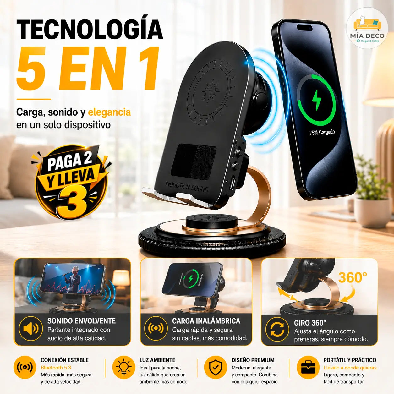 Soporte De Teléfono Carga Inalámbrica 5 en 1